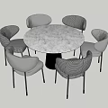 Round Marble Dining Table Set With Six Gray Patterned Upholstered Chairs Black Metal Legs 3d model