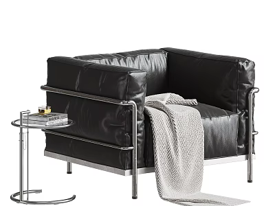 Modern Leather Single Sofa With Metal Frame And Throw Blanket On Side Table 3d model