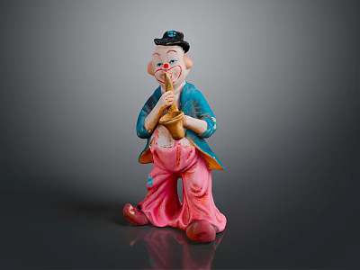 Colorful Clown Figurine With Blue Outfit Pink Pants And Black Hat Holding Horn 3d model