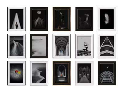 Black and White Framed Art Print Collection with Various Themes for Wall Decor 3d model