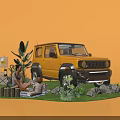 Family Enjoying Camping Picnic With Yellow SUV And Outdoor Nature Setup