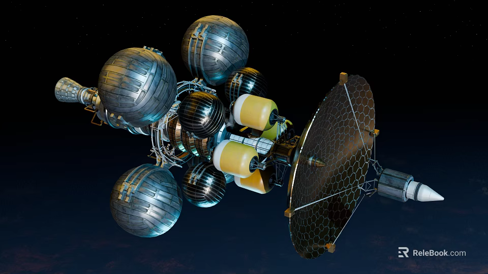 Industrial Equipment With Metallic Spheres Yellow Components Dish Antenna And Connecting Structures 3d model 
