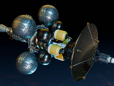 Industrial Equipment With Metallic Spheres Yellow Components Dish Antenna And Connecting Structures 3d model