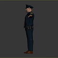 Realistic Police Officer In Blue Uniform Standing With Hat Mustache Brown Shoes And Arms Outstretched