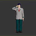 3D Human Character with Blue Hair White Coat Red Tie Green Pants Raising Right Hand