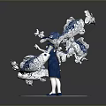 Blue and White Sculpture With Central Figure Surrounding Fish And Circular Patterned Base