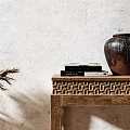 Elegant Console Table in Sunlit Interior With Textured Wall Dried Pampas Vase and Picture Frame