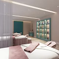 Modern Beauty Salon Interior Featuring Pink Curtains Green Accent Wall Wooden Floors And Beauty Beds