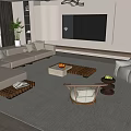 Modern Living Room Interior Design With Beige Sofa TV Wall Hanging Light And Wooden Shelves
