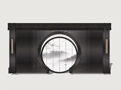 Traditional Chinese Wooden Partition With Circular Hollow Design And Landscape Pattern For Interior Decor 3d model