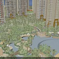 Modern Garden Landscape With Lush Greenery Water Features And High Rise Buildings At Night