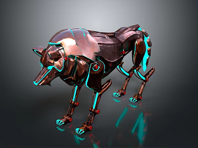Futuristic Mechanical Wolf Character With Metallic Armor And Glowing Blue Lines 3d model