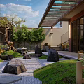 Japanese Zen Courtyard Garden with Stone Moss Trees Wooden Deck Tea Table and Round Cushions