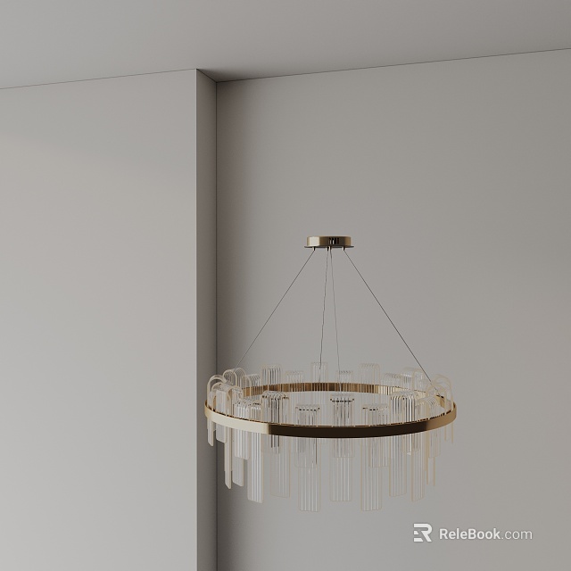 Elegant Circular Modern Chandelier With Golden Metal Frame And Transparent Crystal Pendants 3d model 
