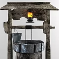 Traditional Garden Ornament Featuring Wooden Roofed Stone Well With Hanging Lantern And Metal Bucket