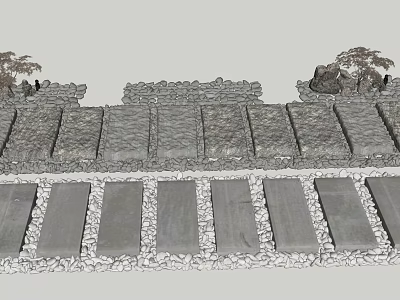 Natural Stone Paved Road Facilities With Arranged Slabs Low Walls And Trees 3d model