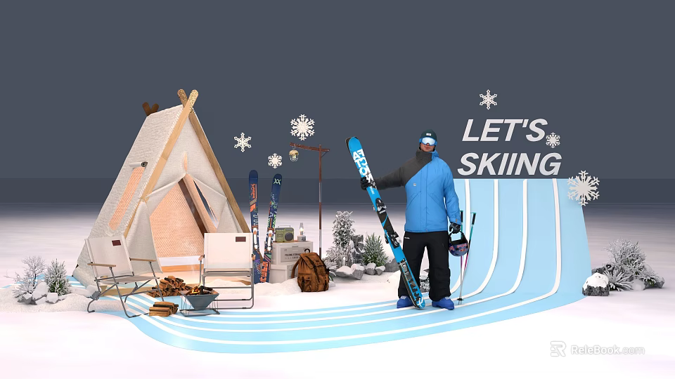 Skier Holding Skis Near Snowy Tent With Snowflakes And Skiing Sign 3d model 