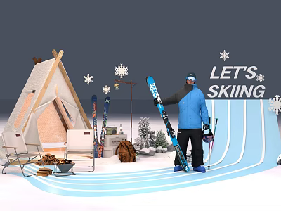 Skier Holding Skis Near Snowy Tent With Snowflakes And Skiing Sign 3d model