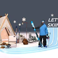 Skier Holding Skis Near Snowy Tent With Snowflakes And Skiing Sign