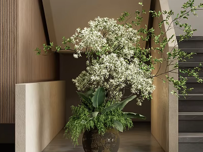 Elegant White Flower And Green Foliage Arrangement In Brown Vase By Modern Staircase Wooden Wall 3d model