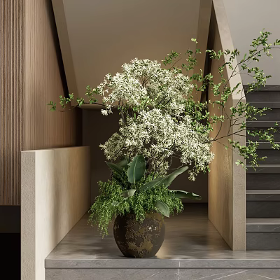 Elegant White Flower And Green Foliage Arrangement In Brown Vase By Modern Staircase Wooden Wall 3d model