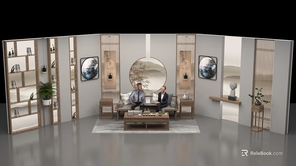 Modern Public Office Space With Sofa Coffee Table Decorative Paintings Green Plants And Round Mirror 3d model 