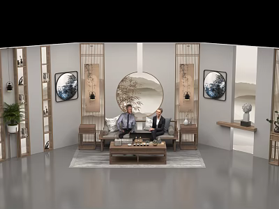 Modern Public Office Space With Sofa Coffee Table Decorative Paintings Green Plants And Round Mirror 3d model