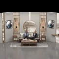 Modern Public Office Space With Sofa Coffee Table Decorative Paintings Green Plants And Round Mirror