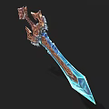 Ornate Fantasy Sword with Blue Icy Crystal Blade Brown Hilt and Metallic Decorative Accents