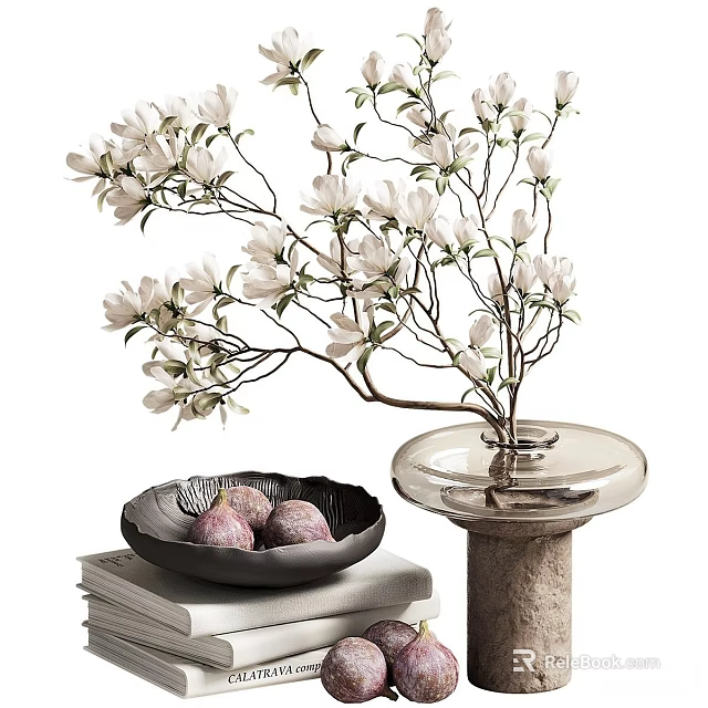 White Flower Branches In Transparent Vase On Textured Base With Black Bowl Purple Fruits 3d model 