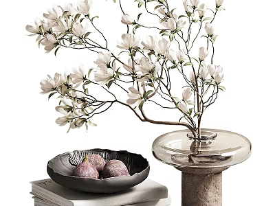 White Flower Branches In Transparent Vase On Textured Base With Black Bowl Purple Fruits 3d model