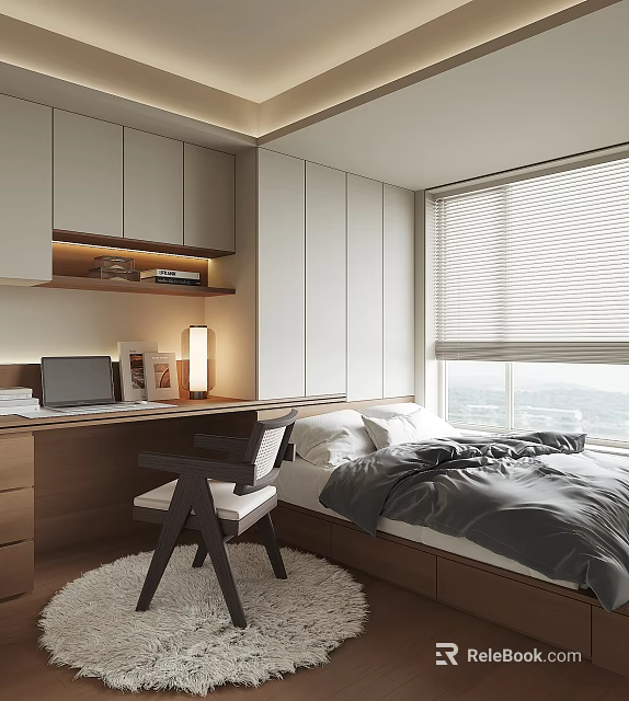 Modern Tatami Bedroom Interior Design With Desk Chair Window Blinds And Storage Cabinets 3d model 