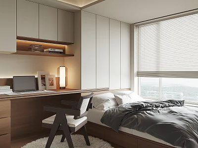 Modern Tatami Bedroom Interior Design With Desk Chair Window Blinds And Storage Cabinets 3d model