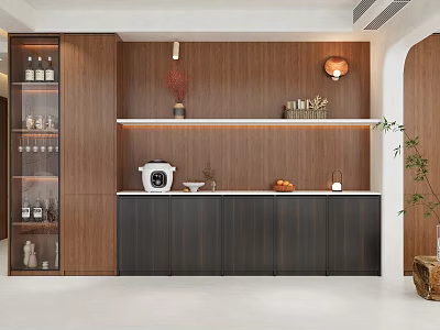 Modern Sideboard with Wooden Backdrop White Countertop Glass Door Cabinet and Decorative Items 3d model