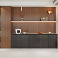 Modern Sideboard with Wooden Backdrop White Countertop Glass Door Cabinet and Decorative Items