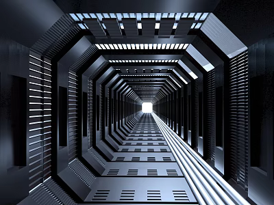 Cartoon Style Futuristic Tunnel Scene With Circular Structures Metal Grilles And Bright Light Source 3d model