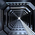 Cartoon Style Futuristic Tunnel Scene With Circular Structures Metal Grilles And Bright Light Source