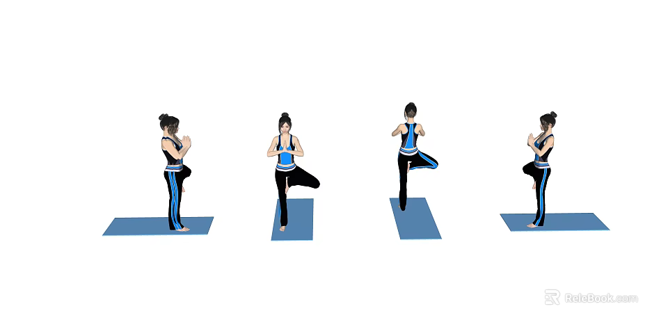 Women Practicing Different Yoga Poses On Blue Yoga Mats In Sportswear 3d model 