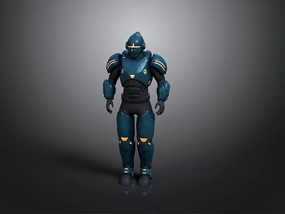 Blue 3D Robot Character With Yellow Accents And Armor Design In Standing Pose 3d model