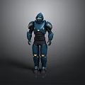 Blue 3D Robot Character With Yellow Accents And Armor Design In Standing Pose