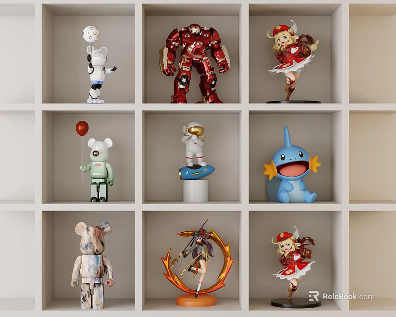 Dolls And Action Figures Collection On White Shelf With Iron Man Cartoon Anime Characters 3d model 