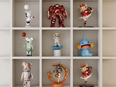 Dolls And Action Figures Collection On White Shelf With Iron Man Cartoon Anime Characters 3d model