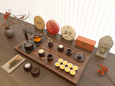Traditional Tea Set Featuring Tea Cakes Cups Tray and Small Buddha Statue on Wood Table 3d model