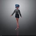 3D Character Model With Blue Hair Gray Long Sleeve Top Black Shorts And Pink Shoes