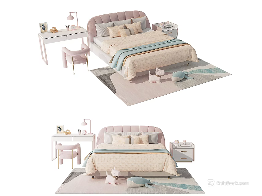 Sweet Kids Bed With Soft Upholstered Headboard Desk Chair And Plush Toys On Carpet 3d model 