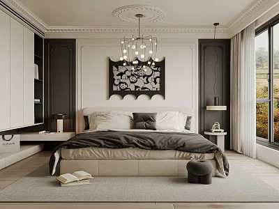 Modern Bedroom Interior Design With Chandelier Decorative Wall Art Bed Nightstands And Large Windows 3d model