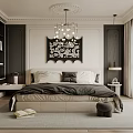 Modern Bedroom Interior Design With Chandelier Decorative Wall Art Bed Nightstands And Large Windows