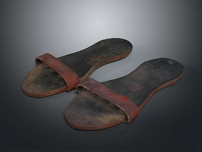 Old Brown Slippers with Red Straps and Worn Soles Vintage Daily Life Essentials 3d model