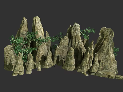 Natural Garden Ornament Rockery Stones With Lush Green Plants Decorative Landscape 3d model