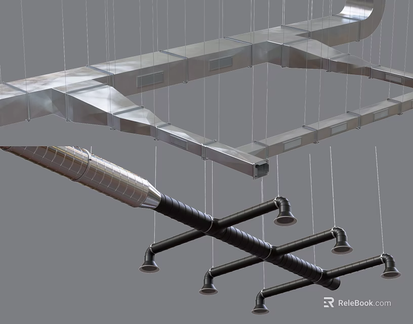 Multiple Suspended Metallic And Black Pipes With Crossed Structure In Industrial Setup 3d model 